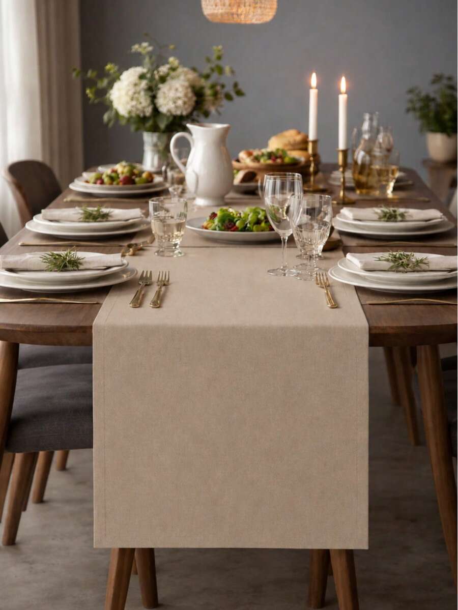 Camino de mesa moderno de terciopelo suave con textura y resistente a las manchas - Decoración minimalista para comedor - Mesa elegante y de lujo - Beis - Ver 1
