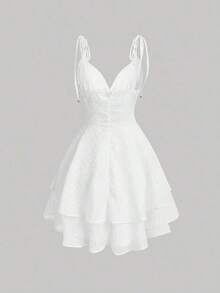 MOD Vestido de tirantes de lunares de hombros con cordón de dos capas bajo - Blanco - Ver 2