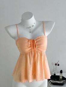 Camiseta de tirantes con volantes de unicolor lindo para damas, ropa de verano para la universidad - Naranja - Ver 7