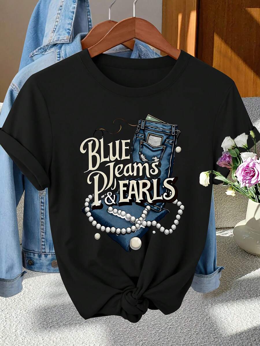 Vintage mujer casual estilo denim camiseta con collar de perlas e impresión de la carta | cuello de tripulación, tela elástica media, opciones multicolor S-Xxl, ideal para primavera/verano/otoño