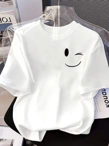 Camiseta con Estampado de Cara Sonriente y Guiño, Manga Corta, Cuello Redondo, Estilo Casual para Primavera y Verano, Ropa de Mujer, Camiseta Y2k - Negro - Ver 2