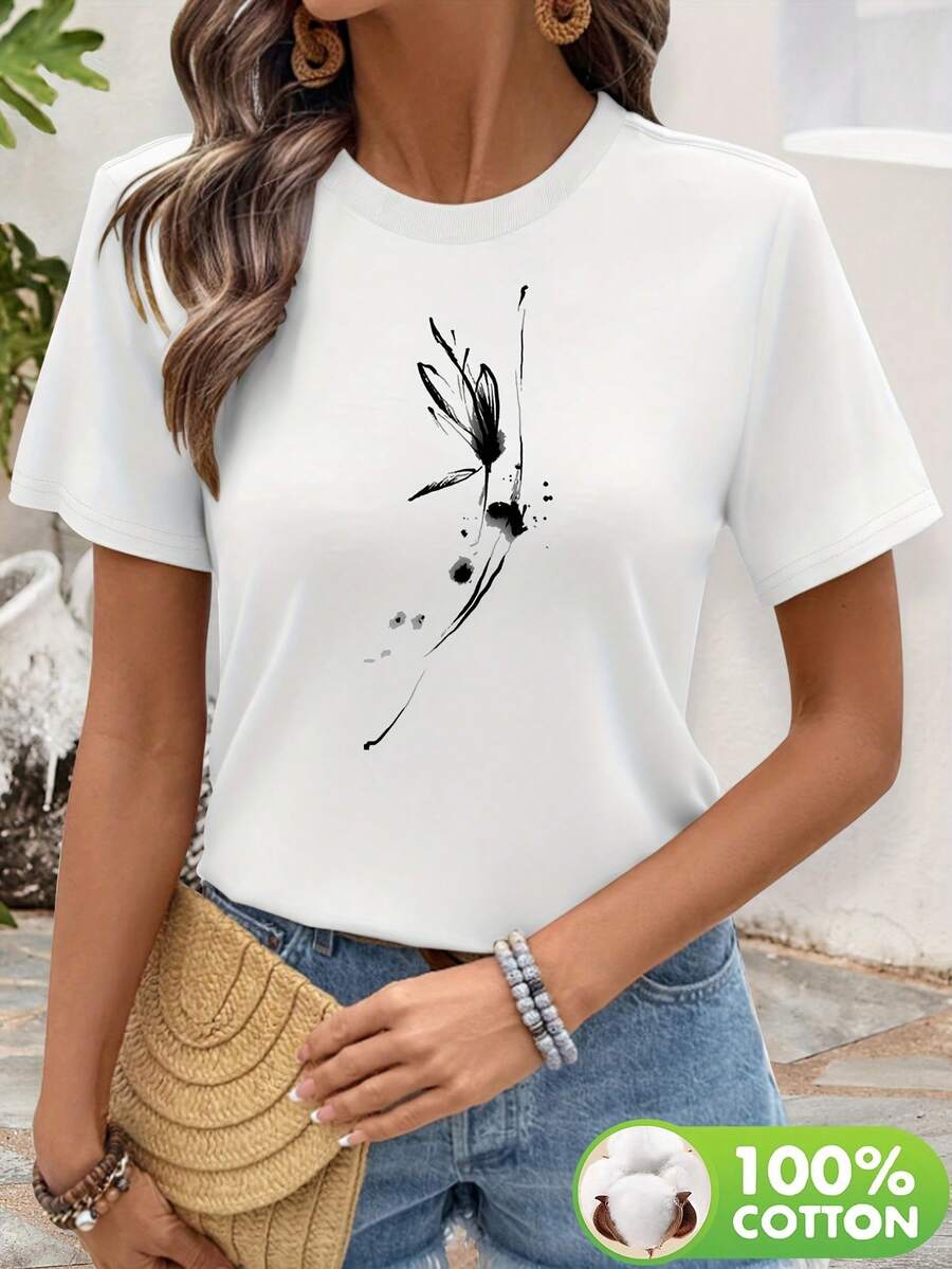 Short-Sleeved T-Shirt With An Ink Floral Design, Machine Washable, Perfect For Summer, New Women's Style 31246 - White - View 1