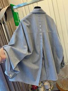 Women's Blue & White Striped Loose Fit Shirt, Tie Back Design, Suitable For Commuting, Casual Wear, Beach, Vacation - Navy Blue - View 1