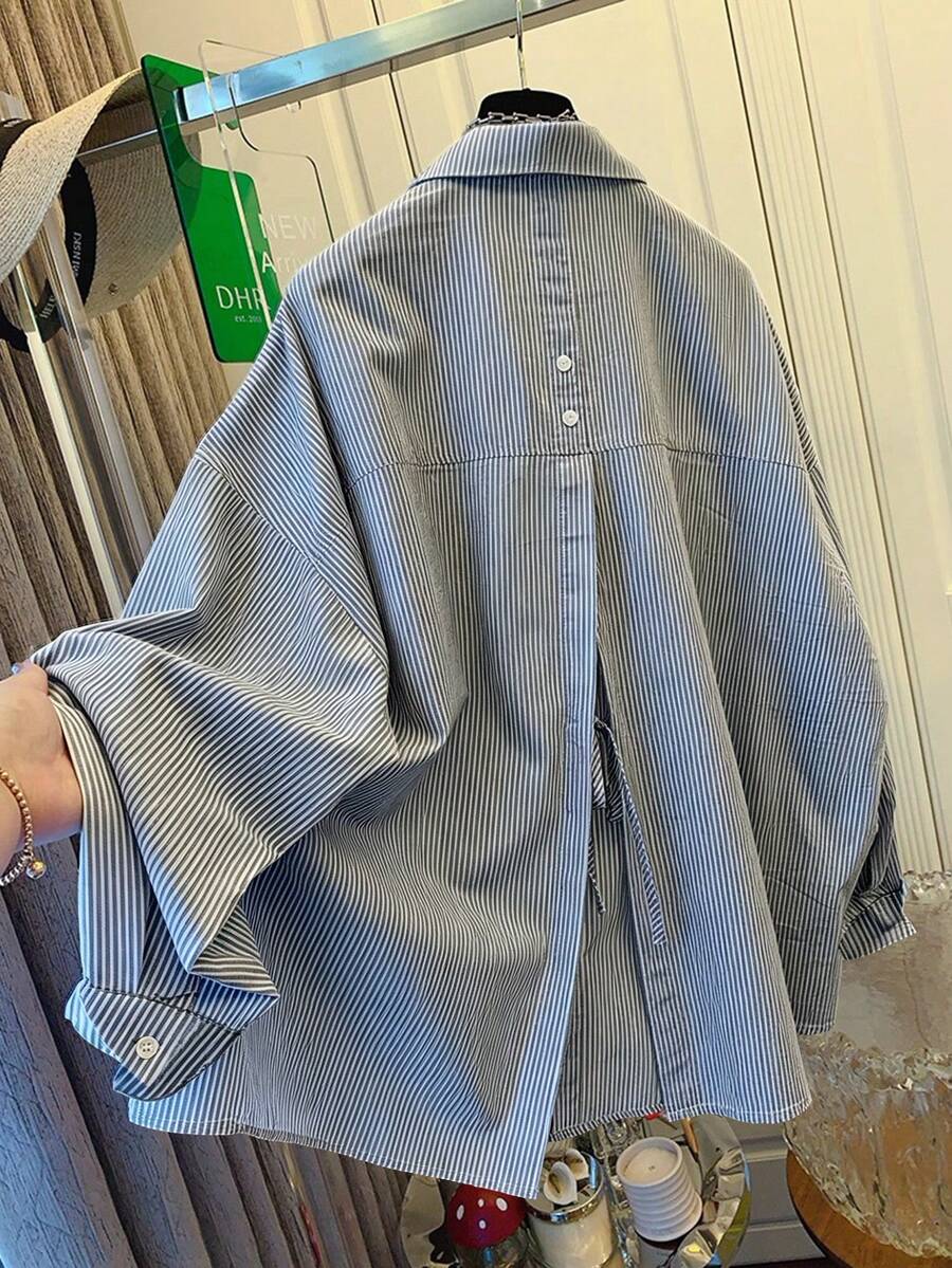 Women's Blue & White Striped Loose Fit Shirt, Tie Back Design, Suitable For Commuting, Casual Wear, Beach, Vacation - Navy Blue - View 1