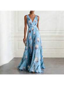 Vestido Maxi Fiesta 2026 Sin Mangas Cuello V Profundo Estampado Tulipanes Multicolor - Azul cielo - Ver 2