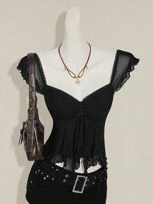 Top sin mangas con volantes, escote con pliegues, ajuste ceñido, parches de malla sexy, espalda con lazo, top casual de vacaciones - Negro 2 - Ver 10