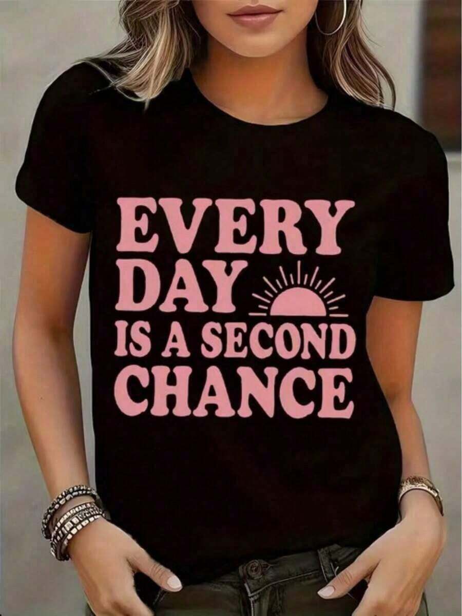 Mother's Day Set, Casual Cotton Printed Short Sleeve T-Shirt For Everyday Wear, Simple Circle Graphic Design, Every Day Is A Second Chance With Western Style Graphic Tees, Men's Clothing, Graphic Tees, Women's Clothing, Tops, Graphic Tees, Women's T-Shirts - 黑色 - 查看 1