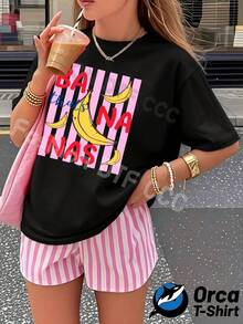 Premiumy2k Women's Personalized And Fashionable T-Shirt, 100% Cotton 180g, Loose Short Sleeve, Urban Style Elegance, Breathable For Casual Daily Wear, Creative Summer Print, Gift For Outdoor Sports, Pink Banana Design With Funny Text, Playful And Cute Style, Suitable For Summer Outfits, . - 黑色 - 查看 7
