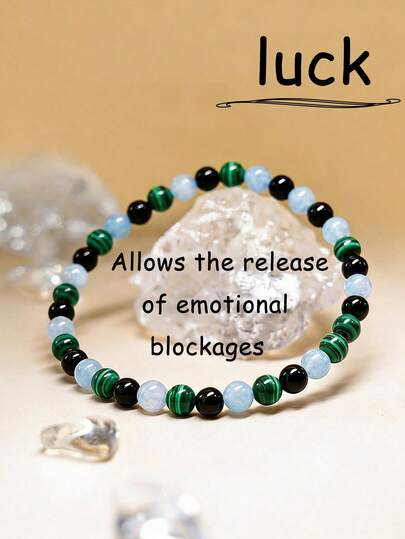 YAUKIA Fashion Natural Stone Luck Bracelet , Green Malachite & Aquamarines Beads , Aids In Healing, Transformation , Cleansing , Believed To Purge Old Energies , Bohemio Yoga Meditation Jewelry For Women And Men , Ideal Gift