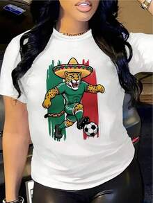 YOCASA Camiseta de Mujer de Verano, Estampado Jaguar Fútbol Mexicano, Cómoda para Uso Diario - Blanco - Ver 6
