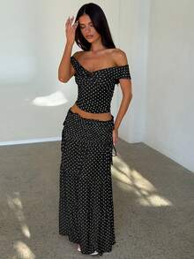 Ropa de mujer conjunto elegante con diseño de hombros insertados y detalles de lazo - Negro - Ver 4