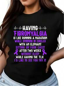 1 pieza - Camiseta de talla grande para el Mes de Concientización sobre la Fibromialgia para Mujeres - Diseño de lazo morado y corazón con eslogan inspirador, camiseta casual de manga corta y cuello redondo de talla grande, apoyo para enfermedades crónicas, ropa cómoda para todas las estaciones y para la concientización sobre la fibromialgia, 180g 100% algodón. - Negro - Ver 9