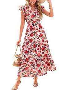 Bestseller Long V-Neck Pleated Ruffle Sleeve Printed Dress - Burgundy - View 1
