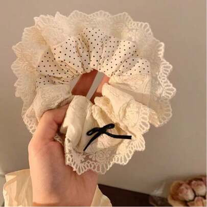 Lace Polka Dot Bow Scrunchie, Vintage Ivory Hair Accessory, Elegant French Style Hair Tie