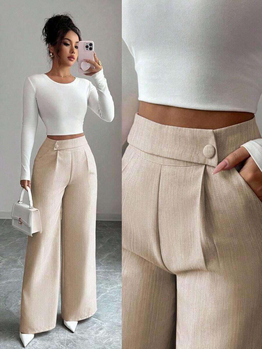 Pantalones rectos sueltos y fluidos, esenciales para Acción de Gracias y Halloween, de diseño elegante con hebilla y superposición delantera, de tela de bambú, para uso profesional y casual como uniforme de maestro - Caqui - Ver 1