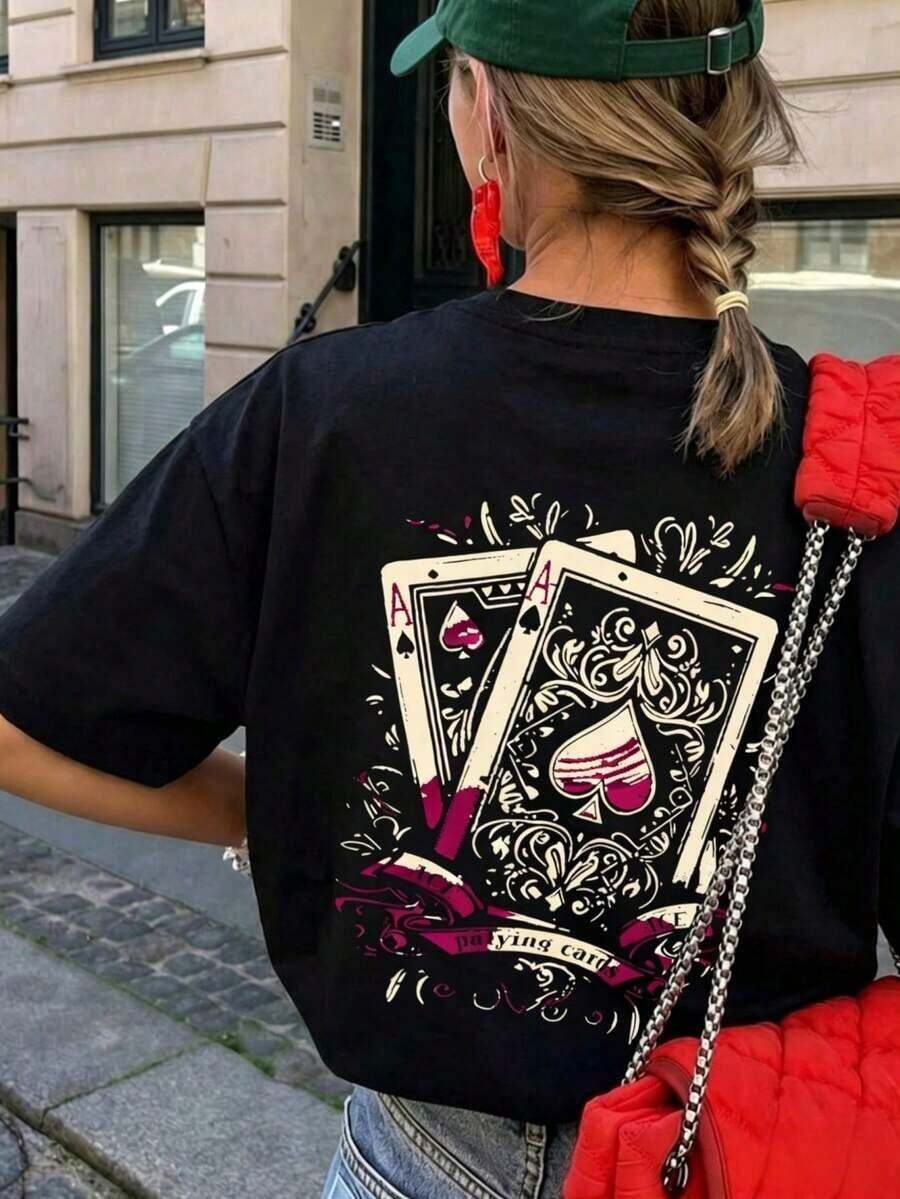 Camiseta de verano personalizada para mujer, de manga corta y cuello redondo, estampada con el diseño de "As de Espadas", estilo casual - Camiseta unisex de algodón holgada de manga corta y cuello redondo, estilo vintage urbano. - Negro - Ver 1