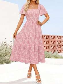 Favorito del Público Vestido Largo Medio Cuello Cuadrado Estampado Floral - Rosa - Ver 1