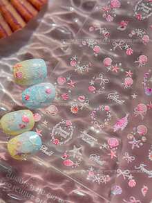 Pink Shell & Starfish Nail Art Stickers, Summer Ocean Style Pearl Shell Starfish Nail Decals - Multicolor - View 3