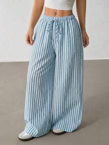 Pantalones casuales anchos de pierna ancha con cintura de corbata y rayas para mujer - Azul - Ver 6