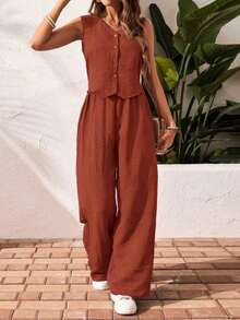 Frenchy Set de 2 piezas para mujer de top sin mangas y pantalones de estilo casual con un solo botón, para verano - Naranja Quemada - Ver 7