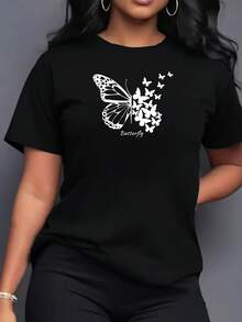 Women's Short-Sleeved T-Shirt With Butterfly Print, Comfortable And Loose Fit, Floral Sports T-Shirt For Ladies, Graphic T-Shirt For Women. - Back - View 1