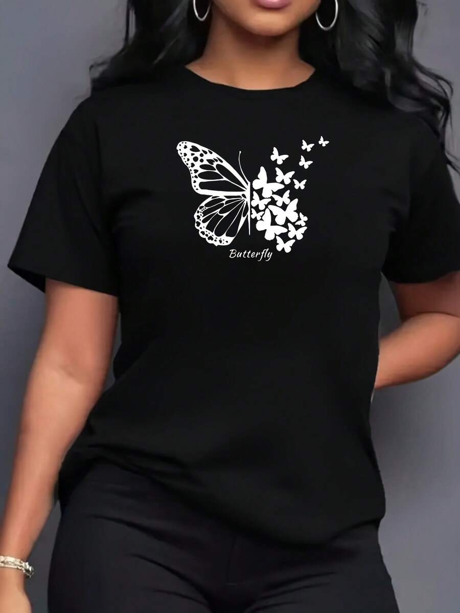 Women's Short-Sleeved T-Shirt With Butterfly Print, Comfortable And Loose Fit, Floral Sports T-Shirt For Ladies, Graphic T-Shirt For Women. - Back - View 1