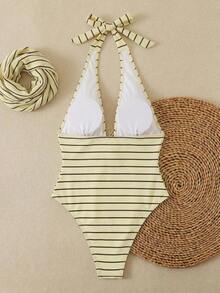 Traje de baño de dos piezas de mujer con lunares sexy, diseño retorcido y asimétrico con espalda descubierta de gasa, traje de baño de una pieza para vacaciones en la playa en verano - Marrón Chocolate - Ver 5