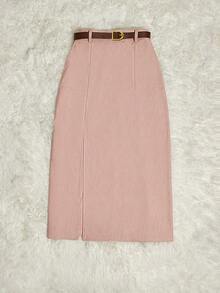 Falda de pana con bolsillos y abertura con cinturón para mujer en color caqui - Rosa Pálido - Ver 4