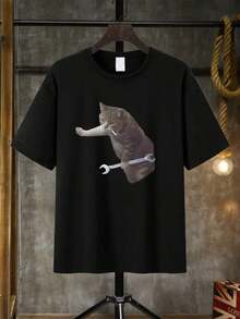 Camiseta de manga corta con cuello redondo y estampado de gato, casual para hombres, versátil para ir al trabajo y salidas - Negro - Ver 2