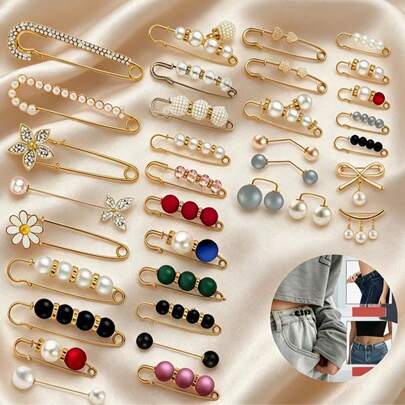34 ชิ้น เข็มกลัดมุก, คลิปปกเสื้อกันหนาวผ้าคลุมไหล่หมวก, เข็มกลัดมุกเทียมสำหรับผู้หญิง, เครื่องประดับตกแต่งเสื้อผ้าแฟชั่น, เข็มกลัดนิรภัยรัดเอวกางเกง