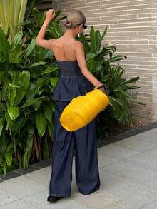 Conjunto casual de verano con top de corpiño con bajo en línea A y jeans rectos holgados - Azul lavado oscuro - Ver 4