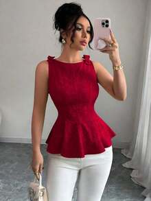 Nueva blusa de tirantes finos con diseño de lazo, cintura ceñida y volantes en el bajo, de tela floral texturizada, para mujer, casual, versátil y elegante para vacaciones - Burdeos - Ver 6
