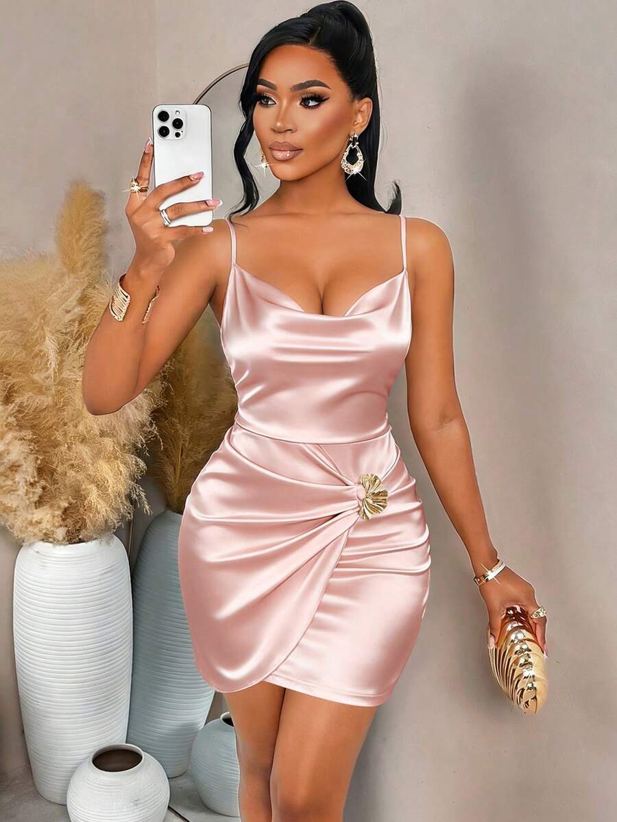 AIJ Vestido Mini Amarilo Champagne de Satén con Cuello Fruncido, Tirantes de Espagueti, Frente Retorcido, Espalda Abierta y Cintura con Lazo - Elegante Rosa Fiesta Verano - Rosa - Ver 1