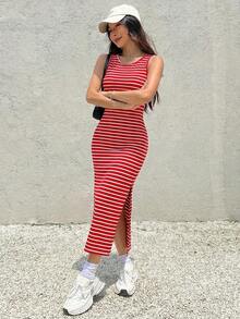 Vestido de rayas para mujer con abertura lateral y espalda descubierta - Rojo y blanco - Ver 6