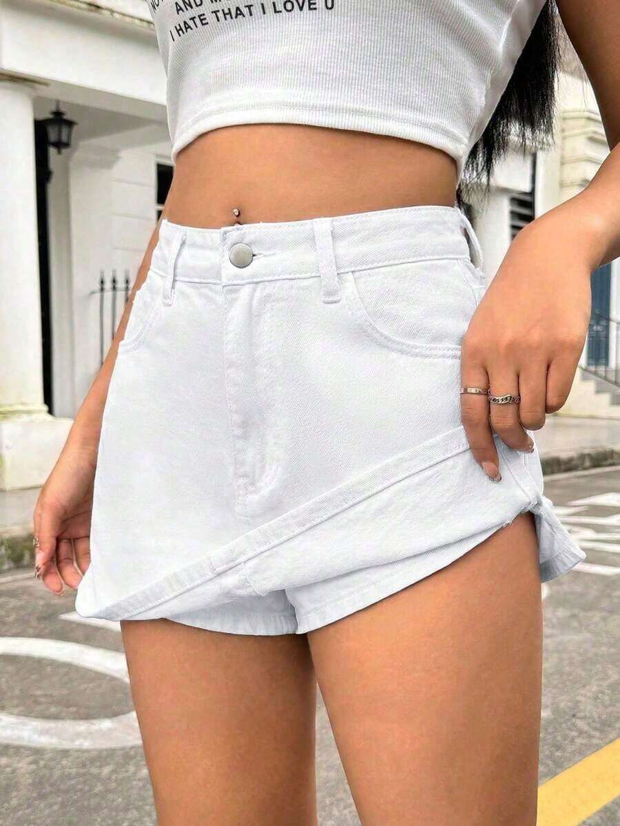 Falda mini de mezclilla lavada casual para mujer, verano - Blanco - Ver 1