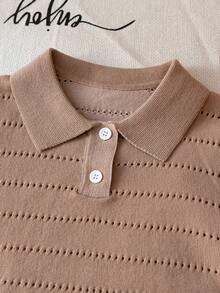 男童纯色 Polo 领短袖镂空针织套头衫，适合上学、日常穿着，春、夏、秋季皆宜 - 卡其色 - 查看 3