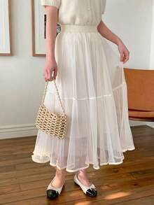 Falda elegante de línea A con cintura elástica y malla de unicolor para mujer, de verano - Albaricoque - Ver 3