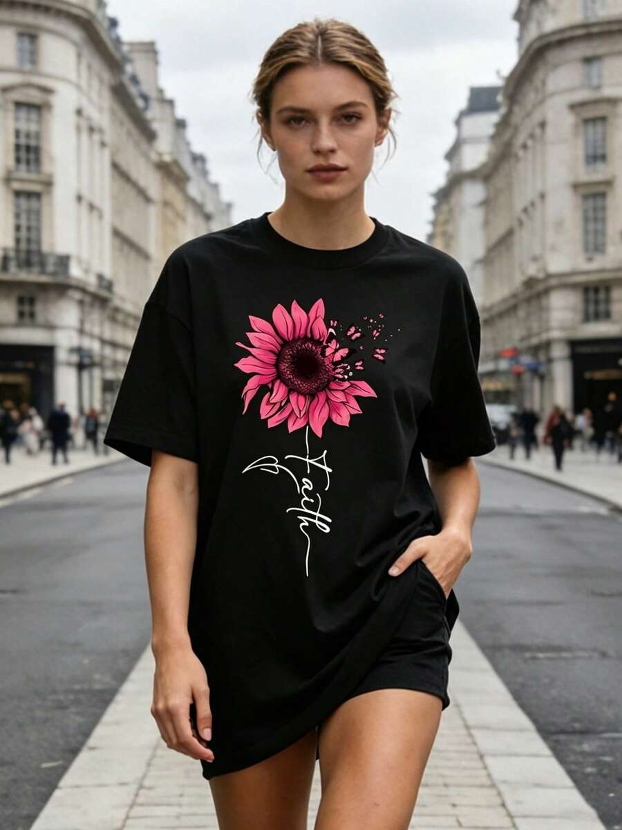 Women's Plus Size Soft Casual Crew Neck Short Sleeve T-Shirt With Sunflower And Butterfly Print, Graphic Tees, Going Out Tops, Cotton, Vintage Style, European And American Street Style, Sporty Casual, Unisex Style, Urban Casual Style, Cute T-Shirts. - 黑色 - 查看 1
