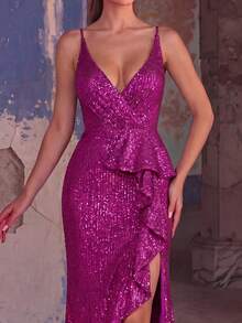 Faeriesty Vestido formal con volantes, abertura y lentejuelas, elegante para gala, invitada de boda, ceremonia de graduación, fiesta de noche - Morado - Ver 4