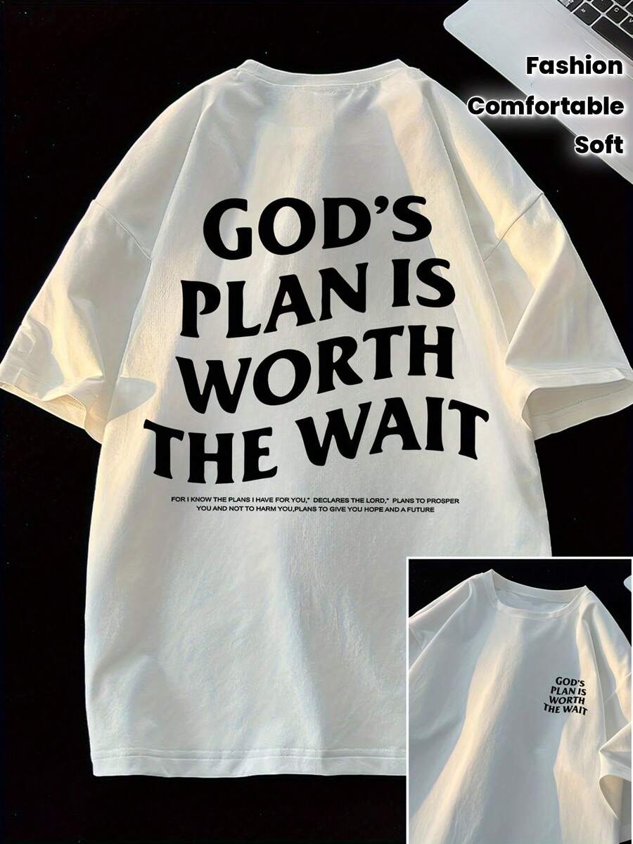 Women's Loose-Fitting T-Shirt With Dropped Shoulders And Inspirational Back Print "GOD'S PLAN IS WORTH THE WAIT" - Casual White Crew Neck T-Shirt, Machine Washable, Comfortable Fit For All Seasons, Motivational Clothing, Back Print T-Shirt, Durable Fabric, Comfortable Clothing, Top, Soft Material, Relaxed Fit, For Y2k Fashion Lovers. - 白色 - 查看 1