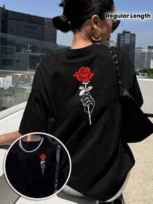 Camiseta Casual de Cuello Redondo para Mujer con Estampado de Rosas, Manga Corta, Largo Regular, Moda Primavera/Verano/Otoño, Diseño de Doble Cara, Ropa Casual|Top con Estampado Floral|Short Sleeve Shirt Y2k Camiseta Camisa De - Blanco - Ver 2