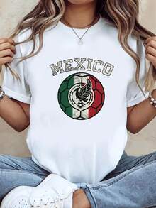 Camiseta de mujer, para fanáticos del equipo de México, con estampado vintage de fútbol mexicano y la palabra MÉXICO, blanca, de manga corta y cuello redondo - Lavable a máquina, estilo casual, ajuste cómodo, diseño moderno, versátil para uso diario, tela suave, estilo a la moda. - Blanco - Ver 9