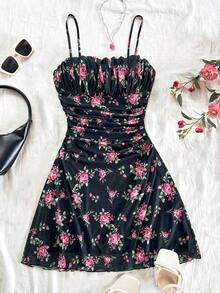 Vestido mini de línea A con tirantes de espagueti rosa y romántico Ditsy Floral para mujer, adecuado para fiesta, cita, San Valentín, Pascua, carnaval, crucero por la playa, Afternoon vestido de moda para té, primavera/verano - Multicolor 5 - Ver 6