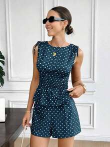 2 piezas Conjunto casual de mujer con blusa con volantes y lunares y shorts - Azul marino - Ver 7