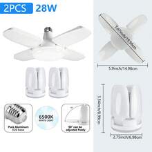 Kasotile 2个装 28W 可折叠 LED 吊扇灯泡(相当于 80W 白炽灯)- AC85-265V,采用 E26/E27 铝制灯座。防锈、无频闪,提供 360° 全方位照明,配备 90° 可调扇叶,散热高效。超高亮度输出,适用于车库、地下室、工作室和家庭照明。 - 白色 - 查看 10