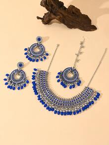 Juego de 4 piezas de joyería estilo bohemio azul, colgante, collar con incrustaciones de diamantes de imitación, cadena para la cabeza, aretes, accesorios de joyería para boda, fiesta y festival - Juego de cuatro piezas - Ver 6