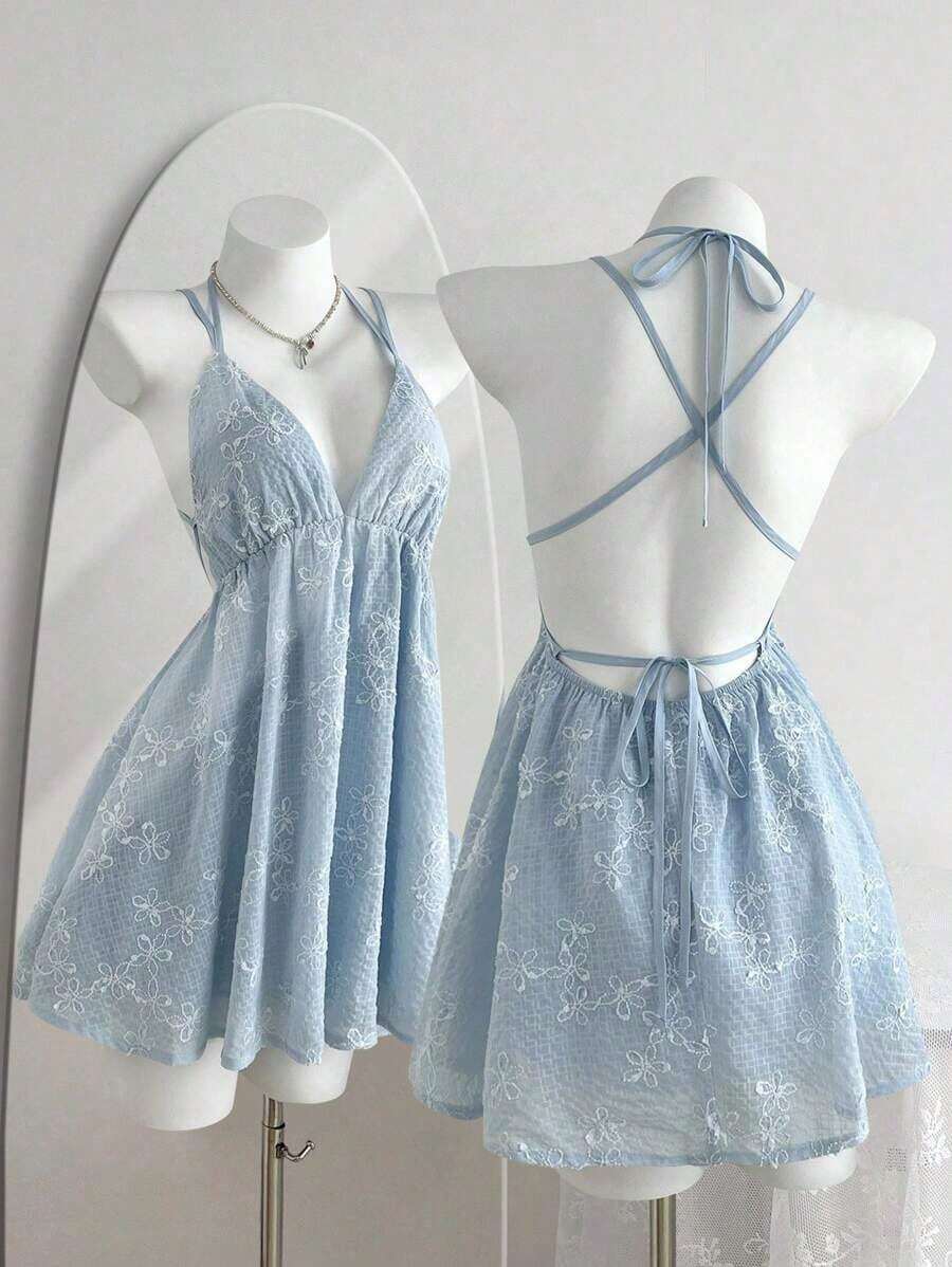 Vestido de mujer con escote en V profundo, tirantes de espagueti, espalda descubierta y volantes, con textura floral azul, sexy y cautivador para vacaciones en la playa en verano - Rosa - Ver 1