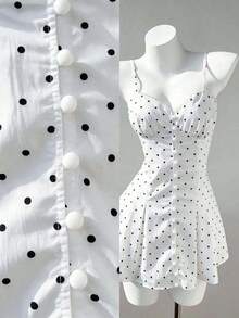 Vestido mini ajustado de línea A, sexy, con camisola de lunares - Blanco - Ver 7
