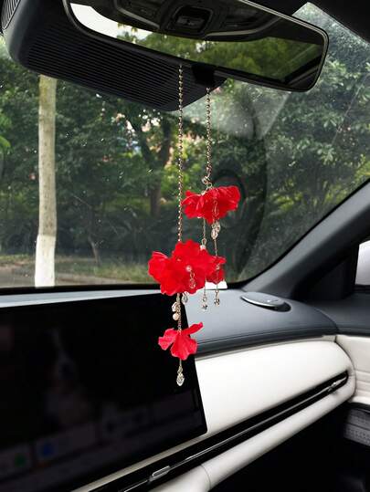 Đồ trang trí treo gương chiếu hậu xe hơi đính hạt cườm đỏ hình hoa, phụ kiện trang trí nội thất xe hơi độc đáo.