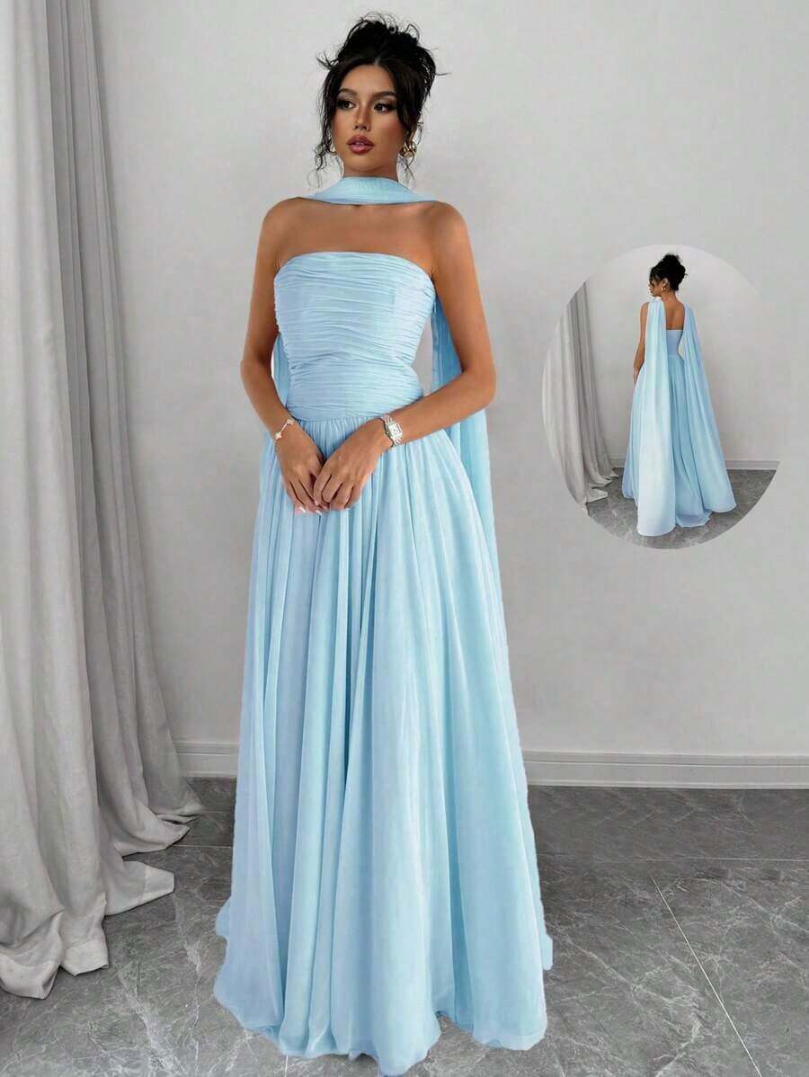 Elenzya 1 pieza Vestido largo de mujer de unicolor con detalle de pliegues, vestido largo elegante sin mangas para mujer - Azul - Ver 1